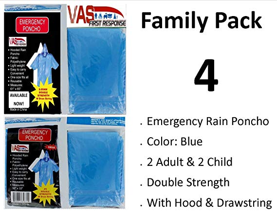 VAS First Response Rain Poncho | 4 Pack | 5 Mil Double Strength Hood | 3mil | Adult & Child Sizes