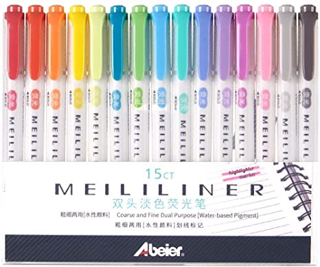 Abeier Highlighter Pens Collection Set, Pastel Highlighters,Double Ended Highlighter, Broad and Fine Tips,Warm Assorted Colours,Pack of 15