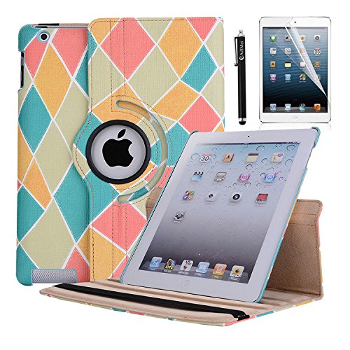 iPad 2 Case, iPad 3 Case, iPad 4 Case, AiSMei Rotating Stand Case Cover with Wake Up/Sleep For Apple iPad 2, iPad 3, iPad 4 [ 9.7-Inch iPad Released before 2013 ] [Bonus Film Stylus] Mix Color 1