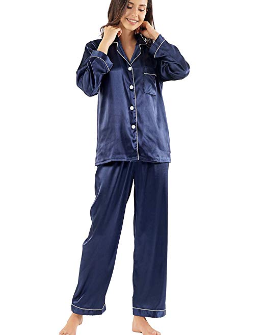 Ladieshow Silk Pajamas for Women,Long Sleeve Satin Pj Set Sleepwear Ladies Soft Button Down Nightwear Loungewear S~XL