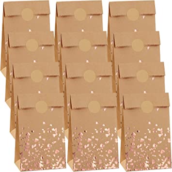 Cooraby 30 Pieces Mini Bronzing Rose Gold Kraft Paper Bags Mini Candy Sweet Paper 3.5 x 2.4 x 7.1 Inch Bags with 48 Stickers for Birthday, Wedding, Hen Party Celebrations