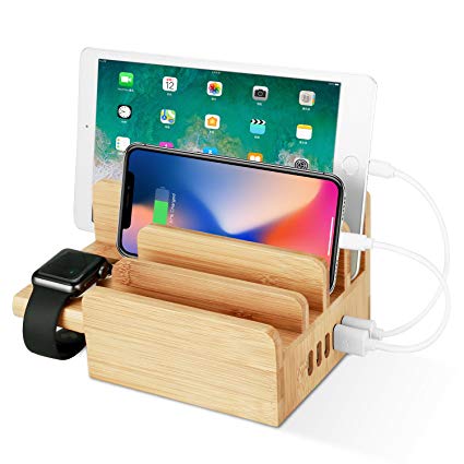Upow CS007 5-Port USB Bamboo Charging Station for iOS & Android Smartphones, Tablets & Apple Watch