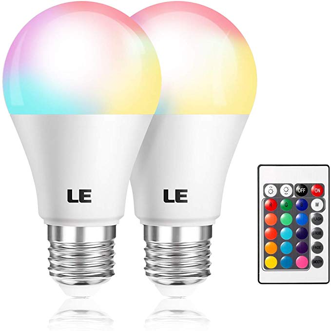 LE RGB LED Light Bulb, A19 E26 6W RGBW Color Changing Light Bulbs with Remote Control, Memory Function Dimmable LED Bulbs for Home Decor, Stage, Party, 2 Packs