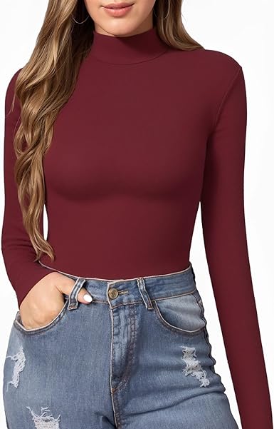 MANGOPOP Women's Mock Turtle Neck Slim Fit Long Sleeve T Shirt Tight Tops Tee