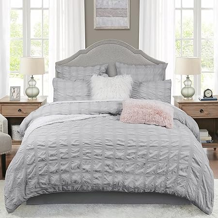 PHF Seersucker Duvet Cover Set King, 3 PCS Ultra Soft Fluffy Boho Comforter Cover with Pillow Shams, 100% Washed Microfiber Fabric Duvet Cover with Diamond Pattern(104" x 90", King Size, Light Grey)
