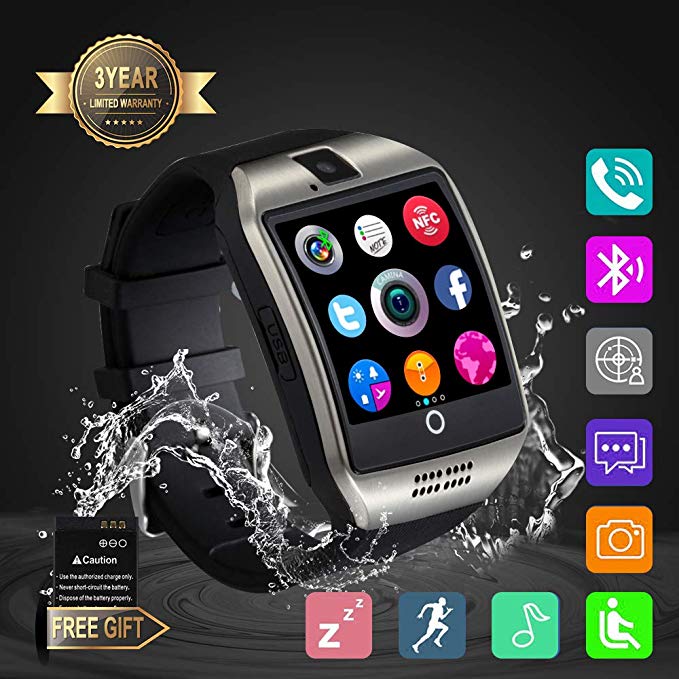 Smart Watch, Smartwatch Sweatproof Cell Phone SIM 2G GSM with Camera Support Sleep Monitor Push Message Anti Lost for Android HTC Sony Samsung LG Google and iPhone Smartphones (Q18 Silver)