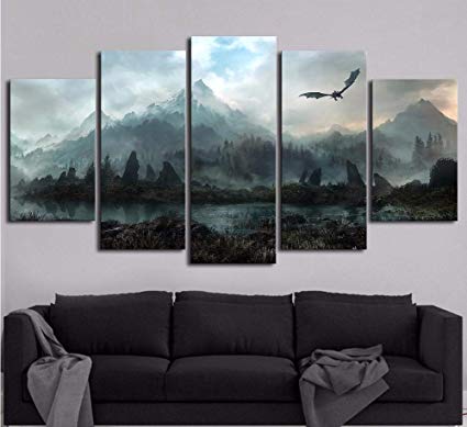 ZHAOCAI Canvas Wall Art Pictures Home Decor 5 Pieces Game Of Thrones Dragon Skyrim Paintings For Living Room Modular Prints Poster Frame