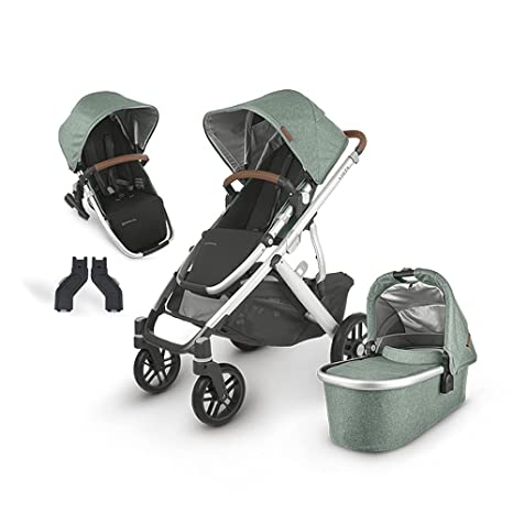 UPPAbaby Vista V2 Stroller - Emmett (Green Melange/Silver/Saddle Leather)   Upper Adapters   RumbleSeat V2- Emmett (Green Melange/Silver/Saddle Leather)