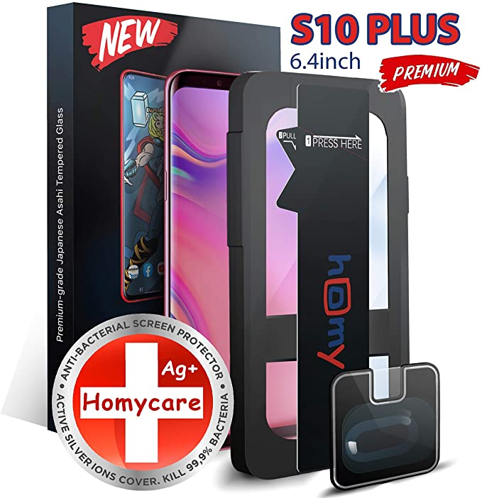 HOMYCARE Active silver ion cover for Samsung Galaxy S10 PLUS UHD Clear Tempered Glass Screen Protector with ONE-TOUCH Applicator and Camera Lens Protector