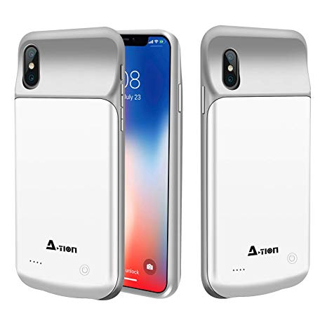 iPhone X Battery Case, A-TION 3200mAh Slim Rechargeable Portable Extended Charger Case, Protective Backup Charging Case with Magnetic Mental for iPhone X - Support Lightning Headphones (White)