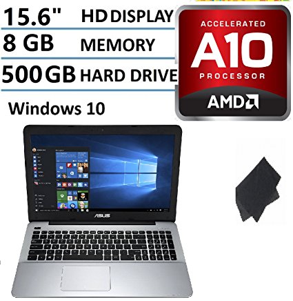 Asus 15.6" High Performance Flagship Laptop PC - AMD Quad-Core A10 Processor, 8GB RAM, 500GB HDD, AMD Radeon R6 graphics, DVD, Bluetooth, HDMI, Webcam, Microfiber screen clothing, Windows 10