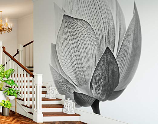 Stickerbrand Large Black and White Lotus Flower Wall Mural. Wall Decorations for Living Room, Bedroom, Kitchen or Bathroom. 9ft Tall X 16ft Wide. #6116