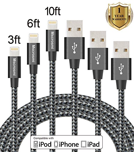 Mscrosmi iPhone Cable 3Pack 3ft 6ft 10ft Nylon Braided Lightning Cable for iPhone7/7 Plus, iPhone 6/6s,iPhone 6/6 Plus, iPhone 5/5s, Lighting Devices (black gray)
