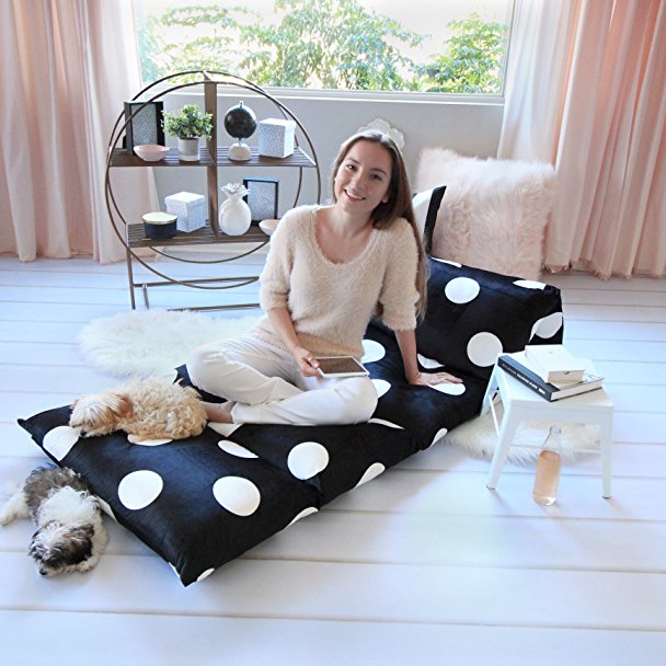 Floor Lounger Cover – Inflatable Air Bed, Floor Mattress or Bean Bag Chair Alternative. Black and White Polka Dot Pattern Makes it Fun and Stylish. Pillow Bed Cover Only!