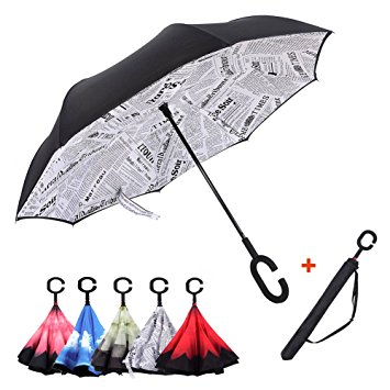 LYNICESHOP Double Layer Reverse Umbrella, Inverted Folding Straight Car Umbrella with C Shaped Handle Windproof Rain UV Protection