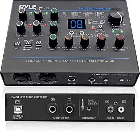 Professional USB Audio Interface with MIC/LINE, Guitar, AUX Stereo and RCA Inputs, Phone/Stereo/Monitor Outputs, Ideal for Computer Playing & Recording, Preset 24 Digital Effects - PMUX9