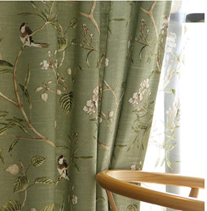 pureaqu Birds Floral Pattern Curtain Panels Grommet Top Curtains for Living Room Printed Country Retro Style Bedroom Window Drapes for Dining Room Kitchen 1 Panel Green W52 x H63 Inch