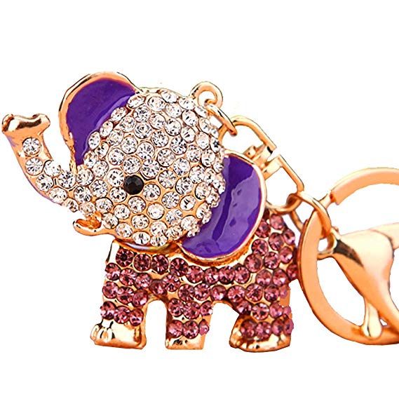 Reizteko Cute Big Ears Elephant Keychain Sparkling Keyring Crystal Purse Pendant Rhinestones Handbag Charm (Purple)