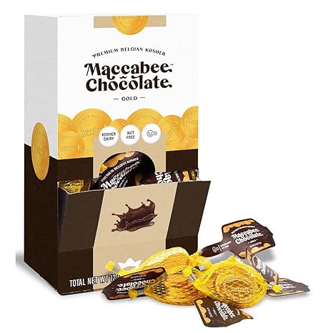 Maccabee Hanukkah Gelt Chocolate Coins Kosher OU-D Nut-free Premium Belgian Dairy Chocolates Bright Gold Coin Wrapper - Chanukah Candy and Chocolates Gifts (1 Box, Contains 24 Mesh Sacks)