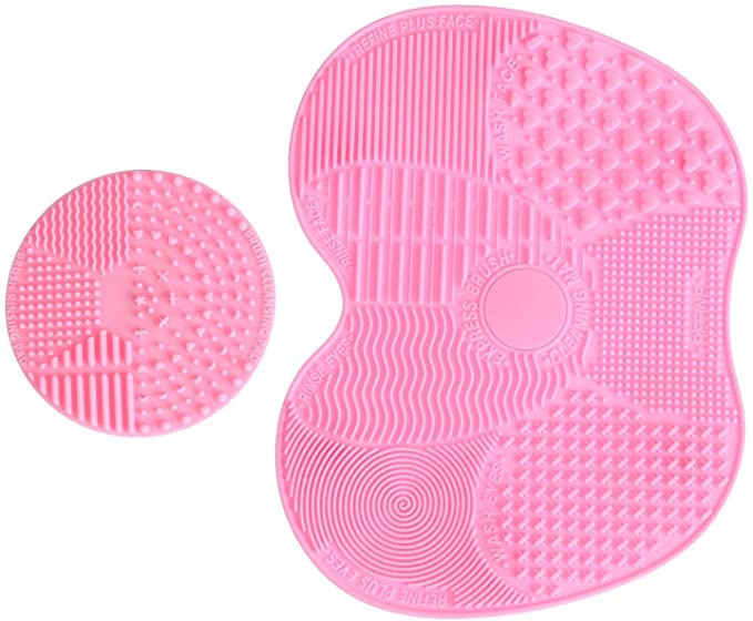 LEADSTAR Makeup Brush Cleaning Mat, Silicon Makeup Brush Cleaner Pad, 1 Apple Shaped Large Mat   1 Round Shaped Mini Mat (Pink)