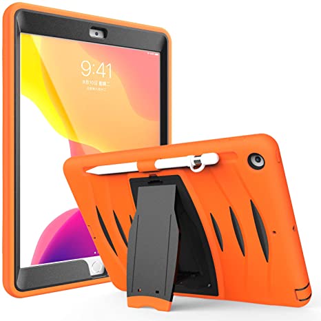 BATYUE iPad 9th/ 8th/ 7th Generation Case, iPad 10.2 inch Case 2021/2020/2019 with Screen Protector/Pencil Holder/Pencil Cap Holder/Stand, Full-Body Shockproof Protective Case (Orange)