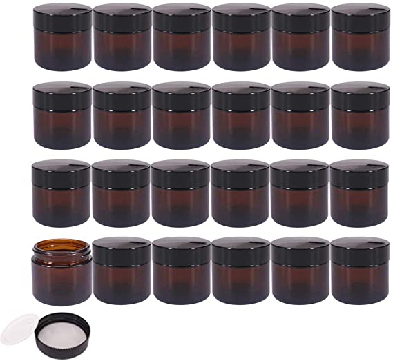 BPFY 24 Pack 2 oz Round Amber Glass Cosmetic Jars with Inner Liners and Black Lids, Travel Jars, Refillable Containers for Makeup, Cream, Lotion, Sugar Scrubs, Eye Shadow, Slime, Paint, Jewelry