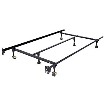 HAPPYGRILL Metal Bed Frame with Center Support, Rug Rollers and Locking Wheels, Adjustable Queen Full Twin Size Platform, Black