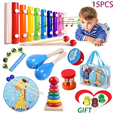 Kids Musical Percussion Instruments Set Wooden Musical Toys For Toddlers 6-12 months Babies Rhythm Instruments 1 2 3 4 5 6 Years Old Xylophone Children Educational Musical Gift With 3 Mini Sports Cars