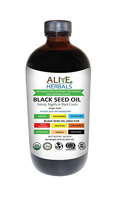Alive Herbal Black Seed Oil Cold Pressed Organic - 100% Raw, First Pressing, Unfiltered, No Preservatives & Artificial Color- Amber Glass 16 OZ.
