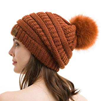 PAGE ONE Womens Fleece Lined Slouchy Beanie Chunky Baggy Hat Fur Pompom Winter Soft Warm Cap