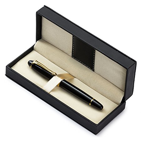 ELEGANT Fountain Pen with Gold Plated Medium Metal Tip Nib with Ink Refill Converter Included for a Great Writing and Calligraphy Experience ( Black)