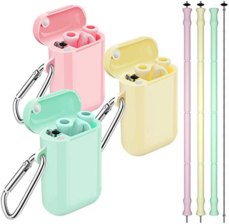 Comvin Silicone Straws, 3 Pack Collapsible Reusable Portable Straw with Case and Cleaning Brush, BPA Free for Cold or Hot Drinks Like Lemonade, Sodas, or Coffee, Pink, Cream Yellow, Mint Green