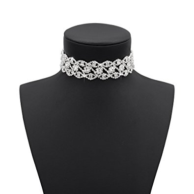 Boosic Wide Rhinestone Choker Necklace For Women, 15" Silver or Gold