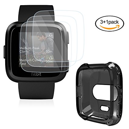 HEYSTOP Fitbit Versa Screen Protector With Case (3 1Pack), Transparent 9H Anti-Bubble Tempered Glass Film and TPU Case for Fitbit Versa