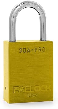 PACLOCK's 90A-PRO Series Padlock, Buy American Act Compliant, Yellow Anodized Aluminum, High Security 7-Pin Cylinder with 1 Key per Lock, Keyed Differently, 1-3/16" Tall Hardened Steel Shackle