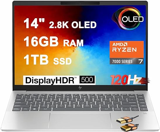 HP Pavilion Plus Business Laptop 14" 2.8K OLED 120Hz HDR 500nits 100% DCI-P3 AMD Zen4 Octa-core Ryzen 7 7840U (Beats i7-1360P) 16GB RAM 1TB SSD USB-C B&O Long Battery Life Win11 Silver + HDMI Cable