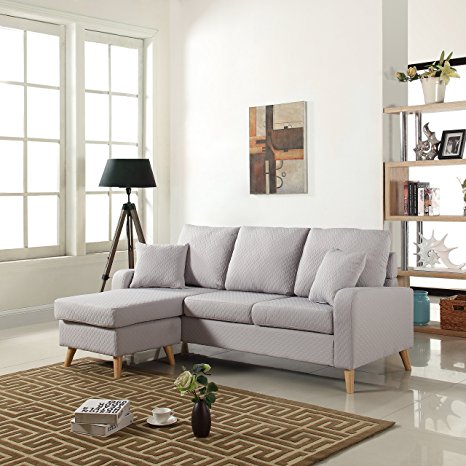 Mid Century Modern Linen Fabric Small Space Sectional Sofa with Reversible Chaise (Light Grey)