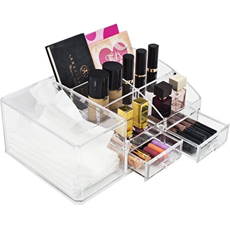 Sorbus Acrylic Cosmetics MakeupStorage CaseDisplay Set With Tissue Holder–Interlocking Scoop Drawers Create Your Own Makeup Counter –Stackable and Interchangeable (7-Top Style 3)