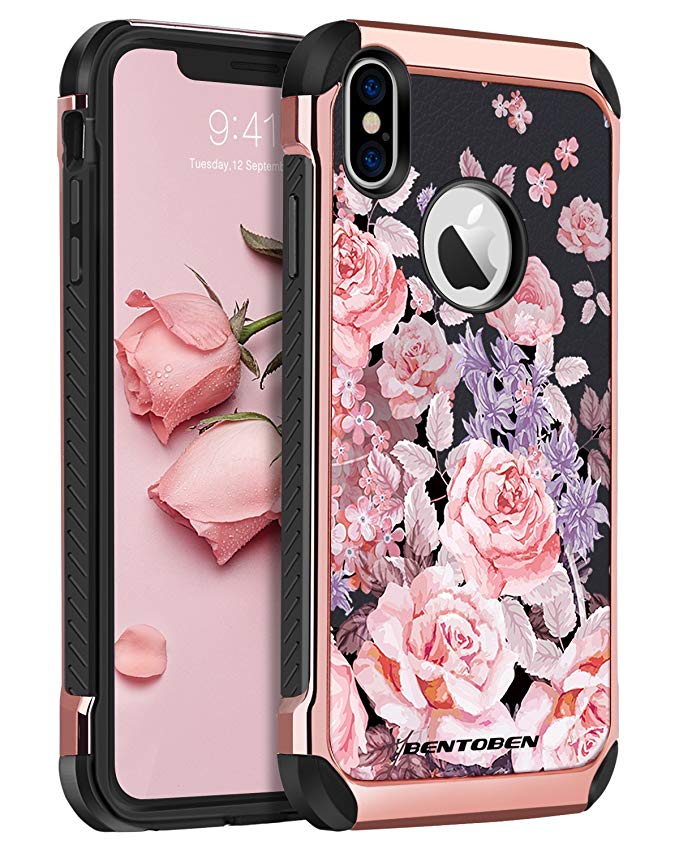 iPhone X Case, iPhone X Floral Case, iPhone 10 Cases, BENTOBEN Shockproof 2 in 1 Flower Peony Pattern Cover, Anti Scratch Protective Case for Girls, Women, Rose Gold/Black [Support Wireless Charging]