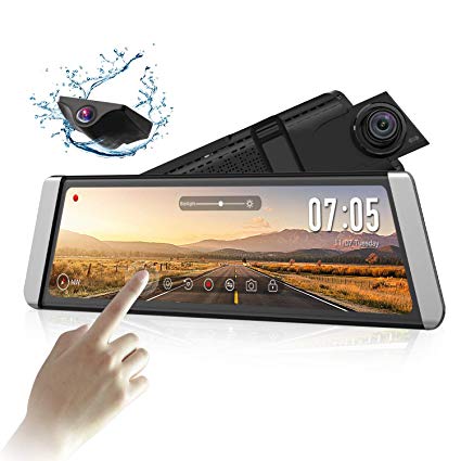 AUTO-VOX Upgrade X1 Mirror Dash Cam Backup Camera 9.88"Large Full Touch Screen Stream Media Dual Lens AHD Reverse Camera,1296P FHD Front Camera and 720P Rear View Recorder with G-sensor,Loop Recording