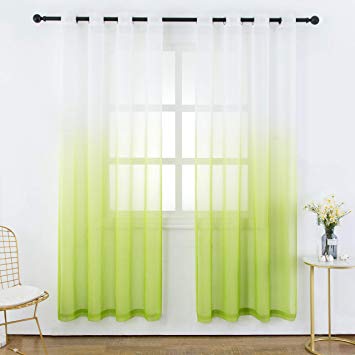 Bermino Faux Linen Sheer Curtains Voile Grommet Semi Sheer Curtains for Bedroom Living Room Set of 2 Curtain Panels 54 x 95 inch Grass Green Gradient