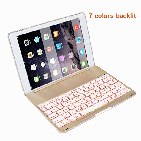 ieGeek Wireless iPad Pro 9.7 Inch, iPad Air 2 Keyboard Cover with Intelligent Switch and Multiple Currency Symbol, 7-Color Backlits Aluminum Ultra Slim Folio Stand Smart Case Bluetooth Keypad, Golden