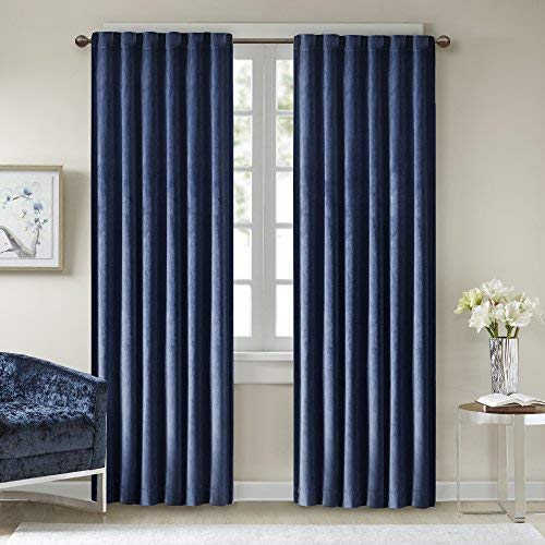 Comfort Spaces - Poly Velvet Window Curtain Pair 4pc Set - Dark Blue - 50x84 Inch Panel - Energy Efficient Saving - Curtain Rod Pocket - Include 2 Panels and 2 Tiebacks