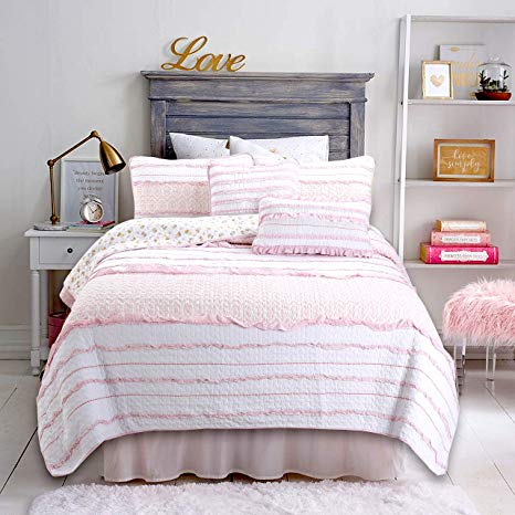 Cozy Line Home Fashions Pink Princess Ruffle Cotton Bedding Quilt Set, Reversible Coverlet, Bedspread (Pink Princess, Twin - 2 Piece)