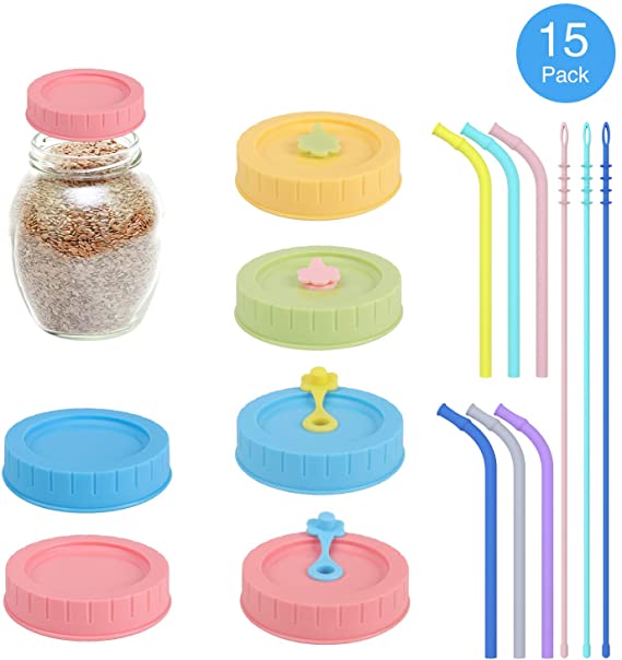 Regular Mouth Jars Lids  Straw Hole Covers  Silicone Straws  Cleaning Brush, Reusable Leakproof Plastic Canning Lids for Ball, Kerr Mason Drinking Jar & Food Storage Caps, No Rust BPA Free