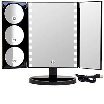 Mirrorvana XLarge Hollywood Style Trifold LED Lighted Makeup Mirror (2017 X-Large Model) | Adjustable Cosmetic Vanity Mirror w/Brilliant 1x, 3x, 5x & 10x Magnification