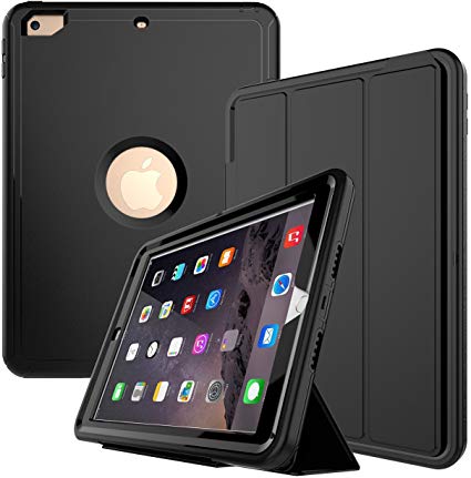 New iPad 9.7 2018/2017 Case - Three Layer Heavy Duty Shock Proof Full Protection Smart Case with Detachable Screen Cover/Stand for iPad 9.7 inch 2018 and 2017 Model (All Black)