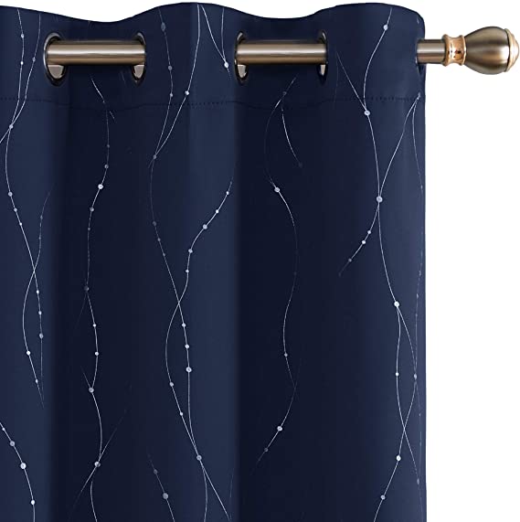 Deconovo Navy Blackout Curtains Grommet Top Drapes Line Printed Room Blackout Curtains for Dining Room 42 x 95 Inch Navy Blue 2 Panels