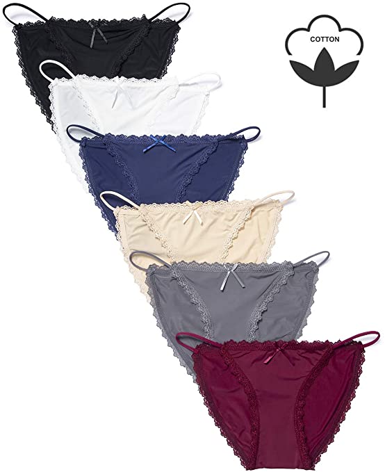 Camelia Womens String Bikini Cotton and Silk Lace Two Versions Panties 4-6 Pack Sexy Underwear Briefs USA Size: XS-XL