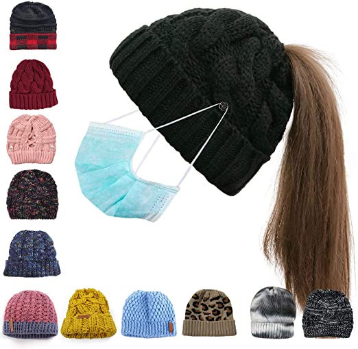 Womens Ponytail Beanie Hat with Button for Mask,Criss Cross Winter High Messy Bun Beanie Hat with Ponytail Hole